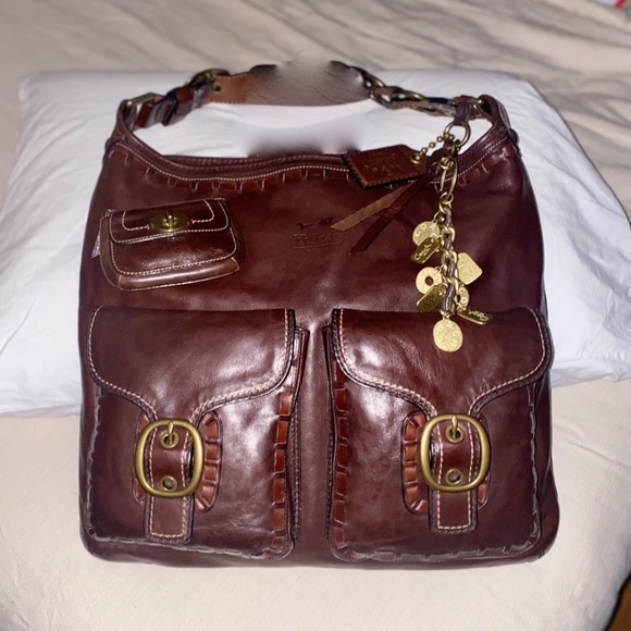 Vintage 2007 Bleecker Elisa Walnut Whipstitch Script Very Rare Coin Fob +Pouch - Picture 1 of 13